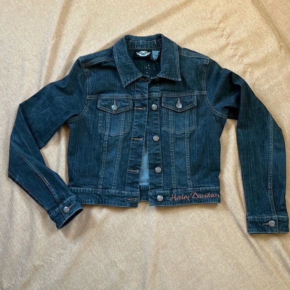 Vintage Harley Davidson Denim Jean Jacket Bling Eagle Bomber Crop Size Medium - Picture 2 of 6